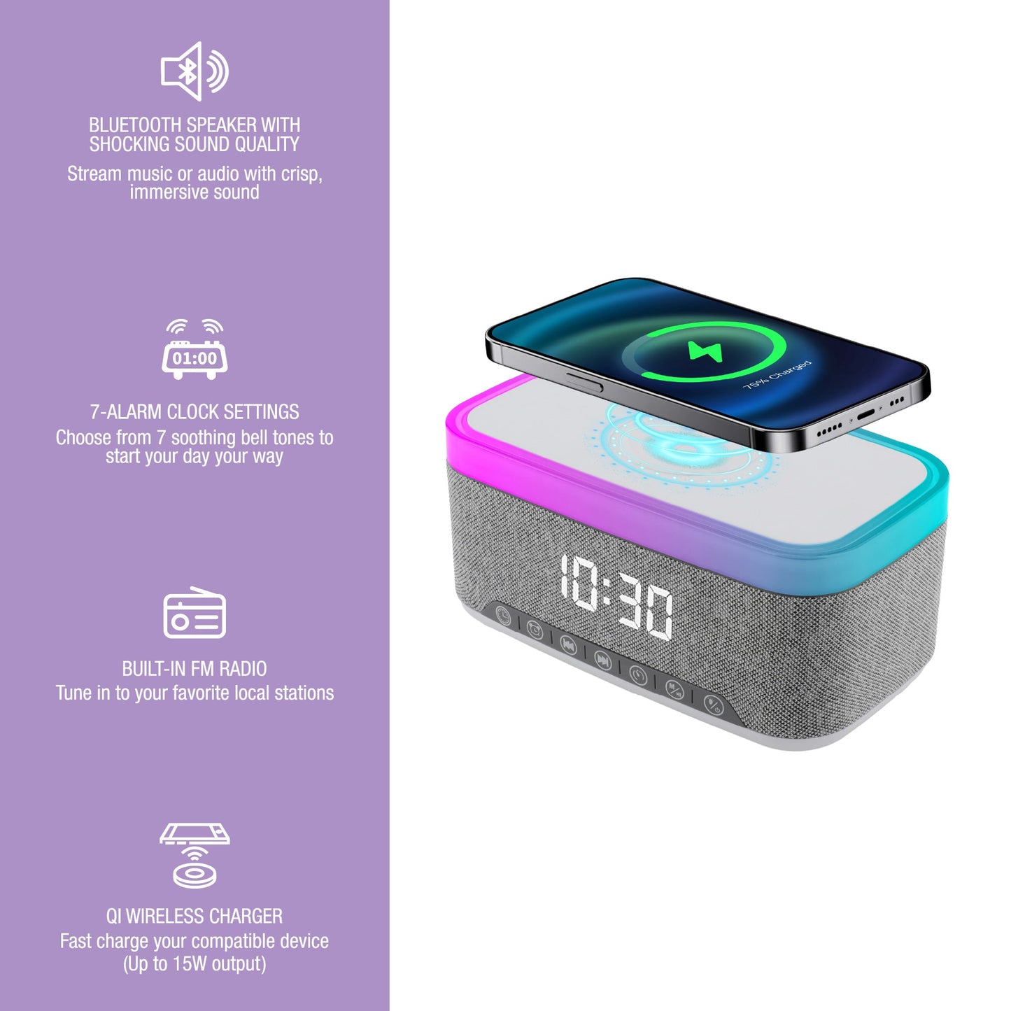 Pursonic Alarm Clock Speaker + LED Desk Lamp Bundle – 15W Wireless Charging, Bluetooth