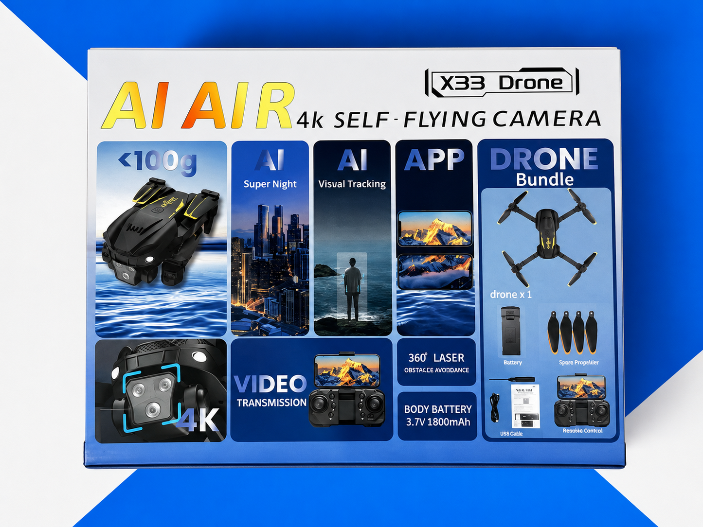 X33 AI Air 4K Drone – Dual Camera, Self-Flying, Obstacle Avoidance, Foldable, Under 200g