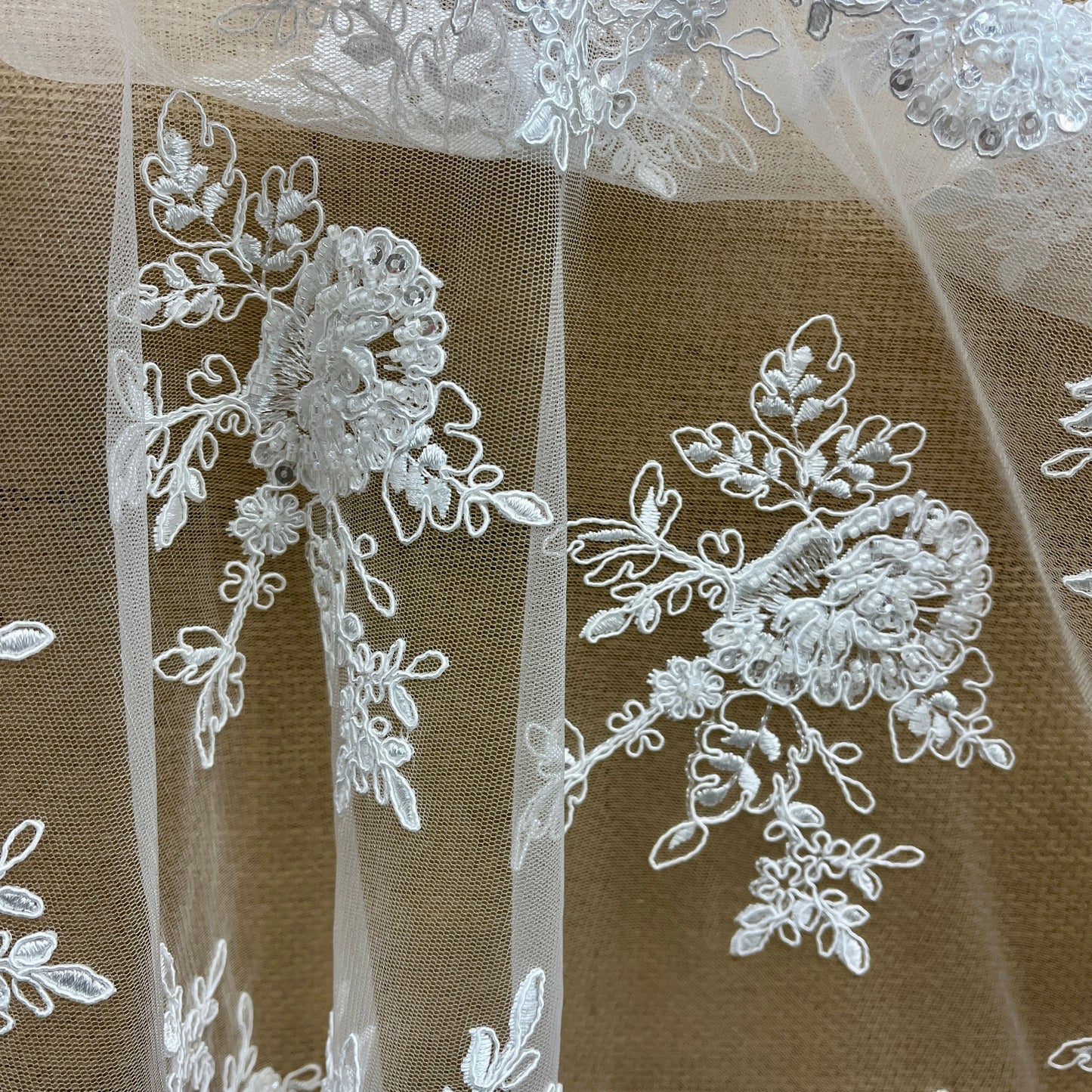 Beaded & Corded Bridal Lace Fabric โ Embroidered Polyester Net Mesh, 49" Wide, White or Ivory | Lace USA