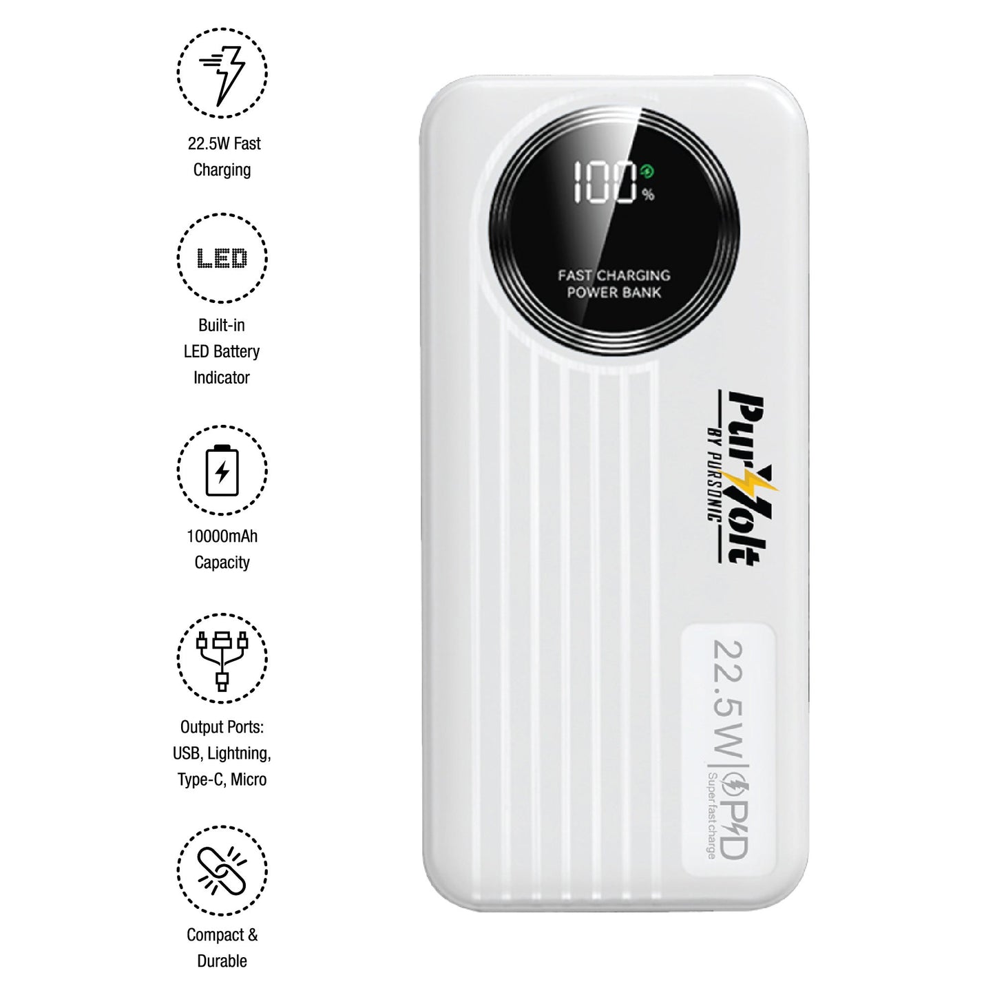 Pursonic Power Bank 10,000mAh – 22.5W Fast Charging, 4 Built-In Cables, LED Indicator