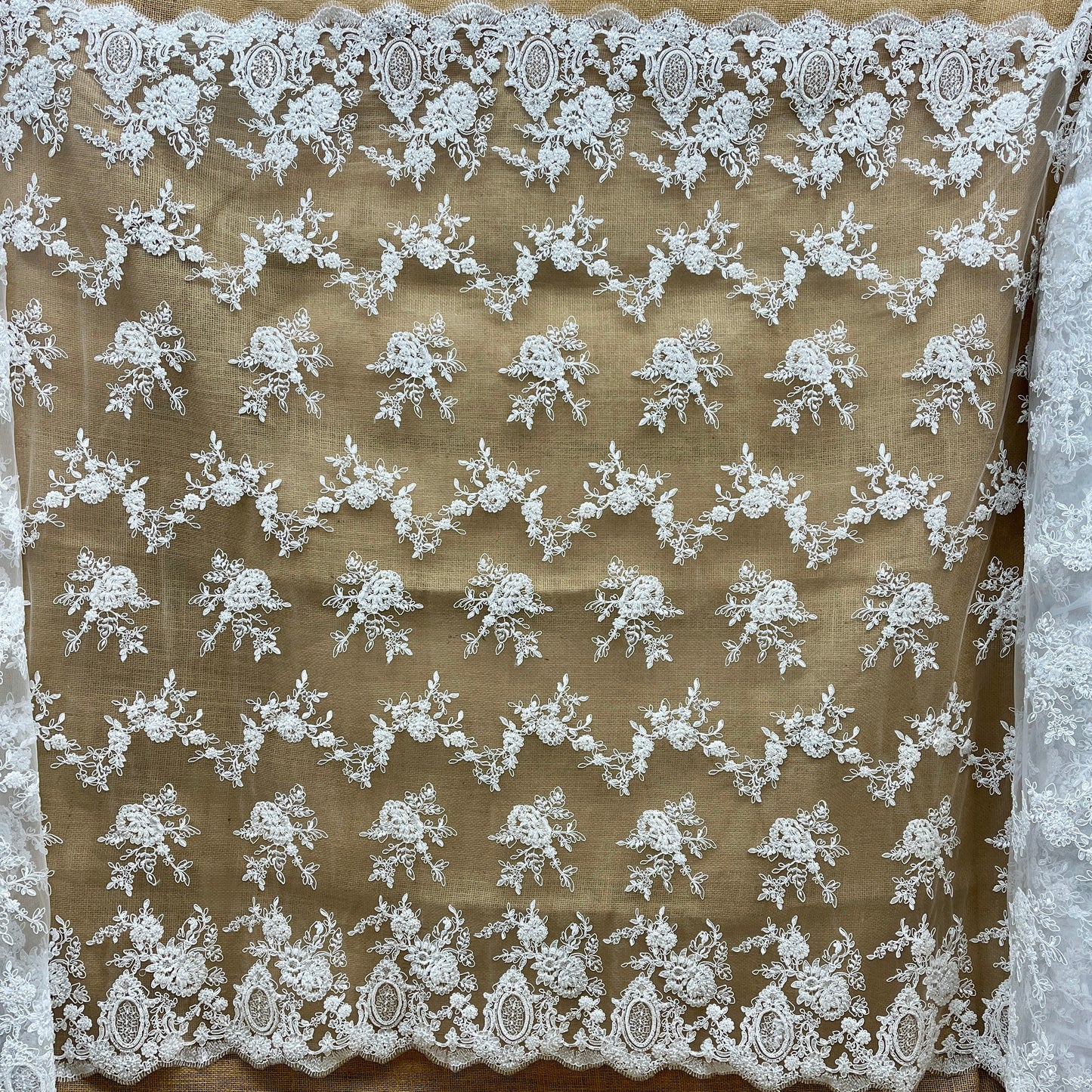 Beaded & Corded Bridal Lace Fabric – Embroidered Polyester Net Mesh, 49" Wide, White or Ivory | Lace USA