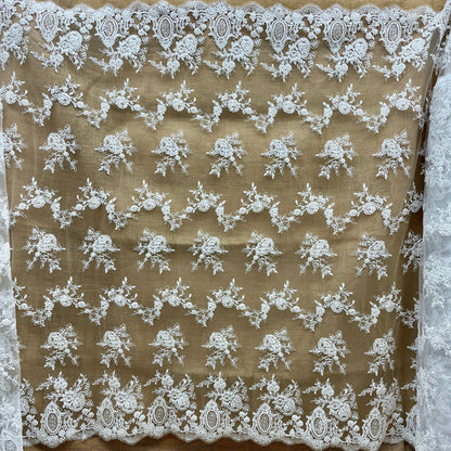 Beaded & Corded Bridal Lace Fabric – Embroidered Polyester Net Mesh, 49" Wide, White or Ivory | Lace USA