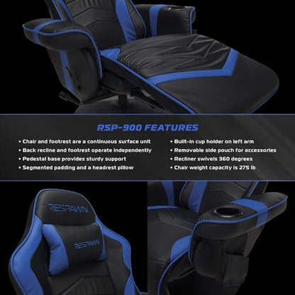 Blue 900 Gaming Recliner Chair With Adjustable Leg Rest & Cupholder