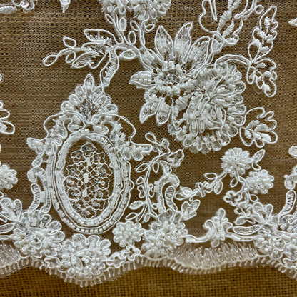 Beaded & Corded Bridal Lace Fabric – Embroidered Polyester Net Mesh, 49" Wide, White or Ivory | Lace USA