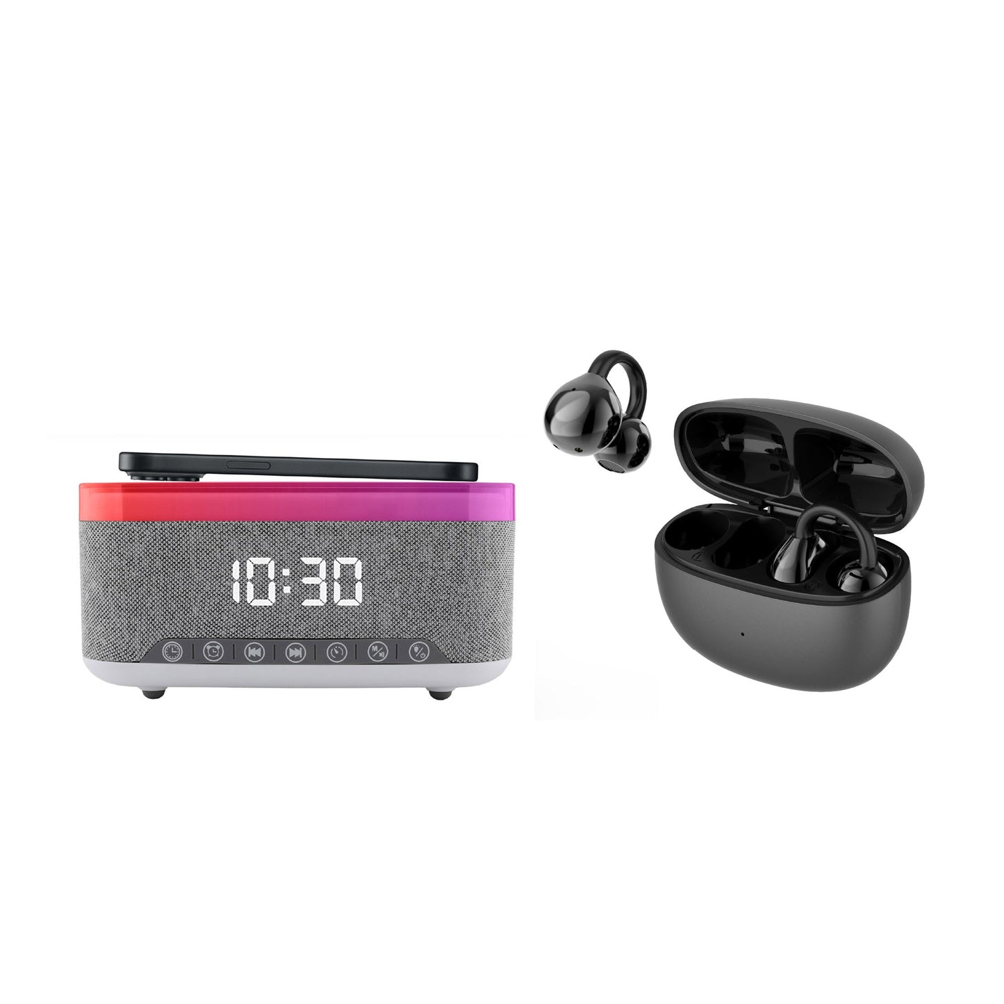 Complete Wireless Audio & Charging Bundle – Alarm Clock Radio Speaker + Wireless Charger + Earbuds