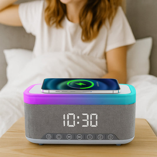 Complete Wireless Audio & Charging Bundle – Alarm Clock Radio Speaker + Wireless Charger + Earbuds