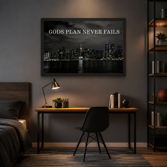 Gods Plan Never Fails — NYC Skyline Framed Poster | Motivational Wall Art