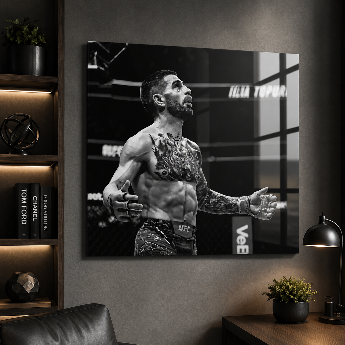 Ilia Topuria — Eyes to the Sky B&W | Premium Metal Print