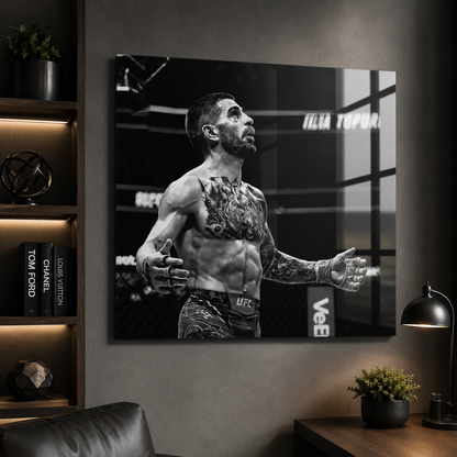 Ilia Topuria — Eyes to the Sky B&W | Premium Metal Print
