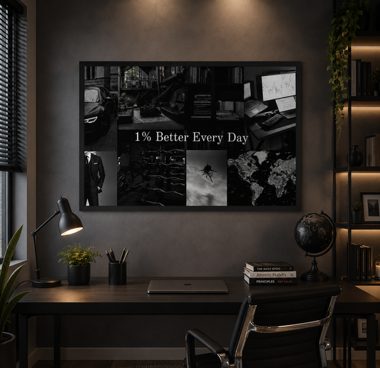 1% Better Every Day — Dark Aesthetic Vision Board Framed Poster | Motivational Wall Art