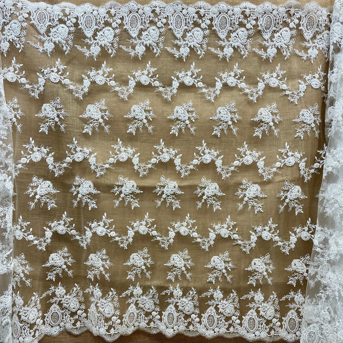 Beaded & Corded Bridal Lace Fabric – Embroidered Polyester Net Mesh, 49" Wide, White or Ivory | Lace USA