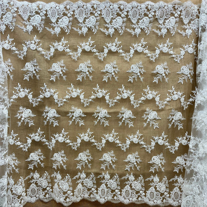Beaded & Corded Bridal Lace Fabric – Embroidered Polyester Net Mesh, 49" Wide, White or Ivory | Lace USA