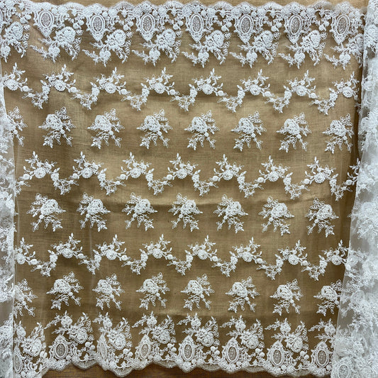 Beaded & Corded Bridal Lace Fabric – Embroidered Polyester Net Mesh, 49" Wide, White or Ivory | Lace USA