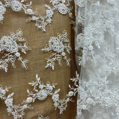 Beaded & Corded Bridal Lace Fabric – Embroidered Polyester Net Mesh, 49" Wide, White or Ivory | Lace USA