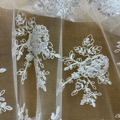 Beaded & Corded Bridal Lace Fabric – Embroidered Polyester Net Mesh, 49" Wide, White or Ivory | Lace USA