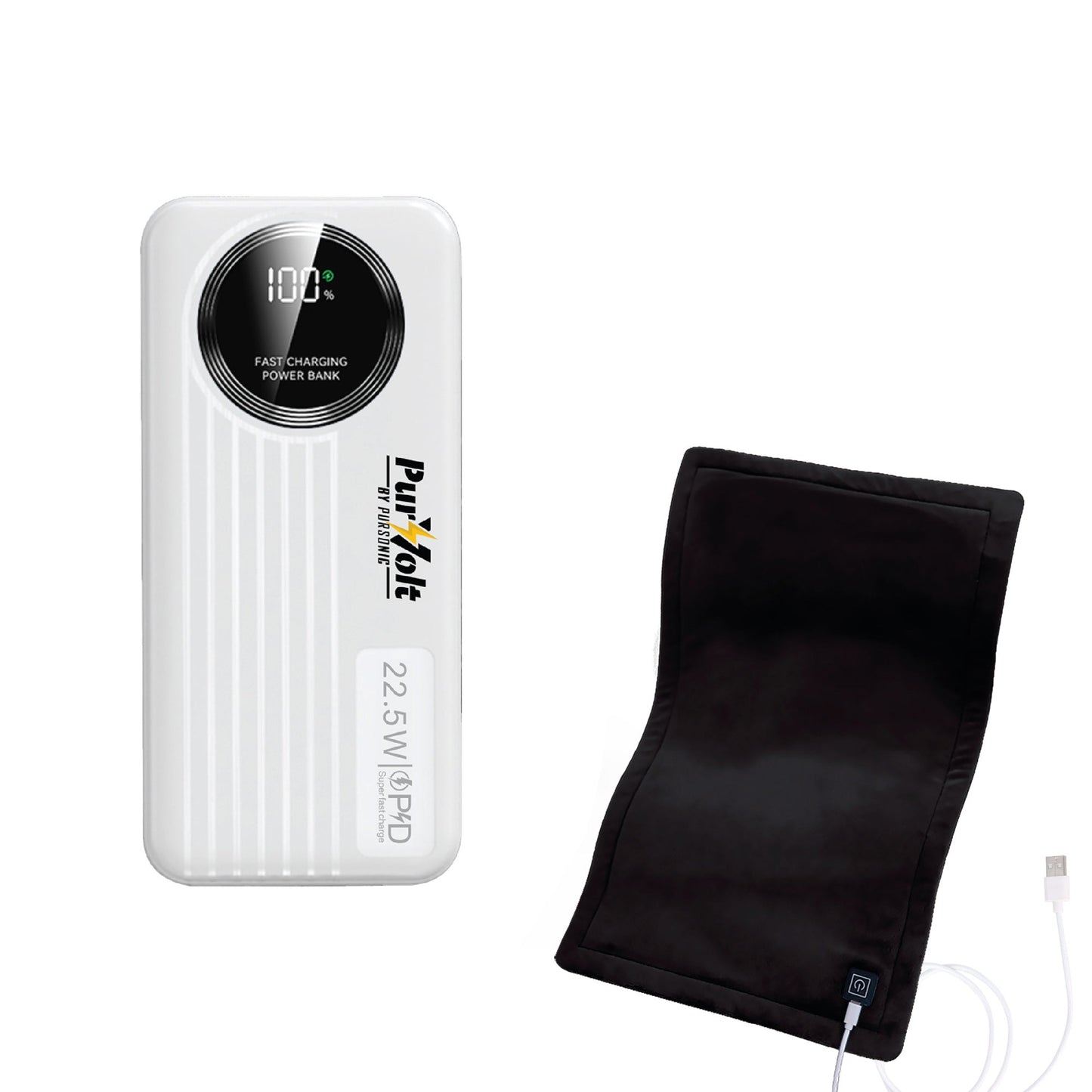 Pursonic Power Bank 10,000mAh + XL Electric Heating Pad Bundle – USB-C Powered