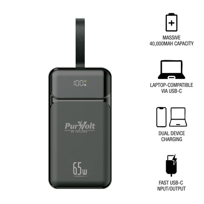 PurVolt Power Bank 40,000mAh – 65W USB-C, Charges Laptops, Phones & Tablets