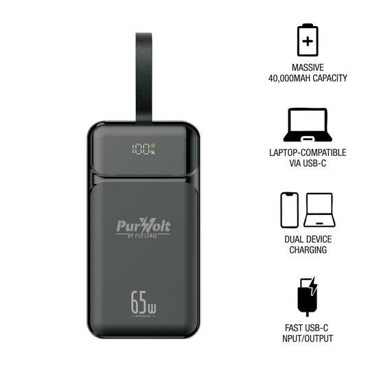 PurVolt Power Bank 40,000mAh – 65W USB-C, Charges Laptops, Phones & Tablets