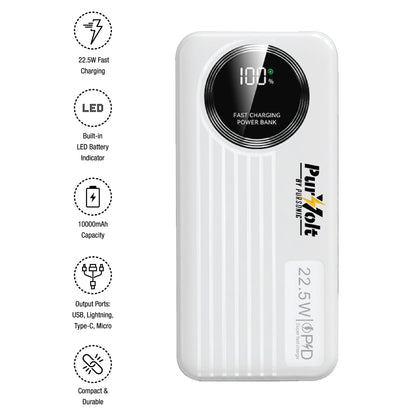 Pursonic Power Bank 10,000mAh – 22.5W Fast Charging, 4 Built-In Cables, LED Indicator