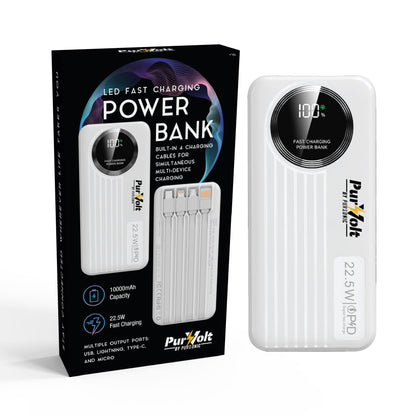 Pursonic Power Bank 10,000mAh – 22.5W Fast Charging, 4 Built-In Cables, LED Indicator
