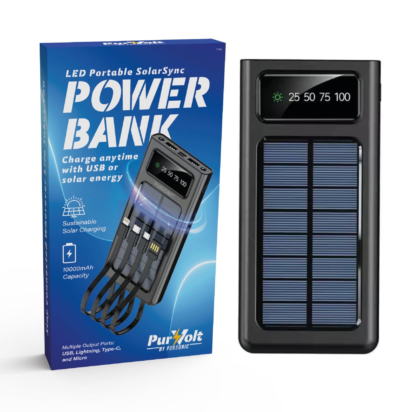 Pursonic SolarSync LED Power Bank – Solar Charging, Multi-Port, Built-In Flashlight