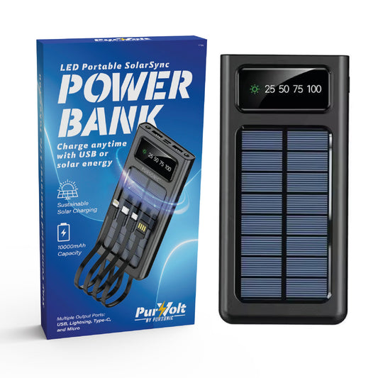 Pursonic SolarSync LED Power Bank – Solar Charging, Multi-Port, Built-In Flashlight