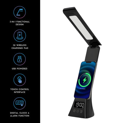 Pursonic 3-in-1 LED Desk Lamp – 15W Qi Wireless Charger + Digital Clock & Alarm