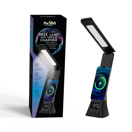 Pursonic 3-in-1 LED Desk Lamp – 15W Qi Wireless Charger + Digital Clock & Alarm