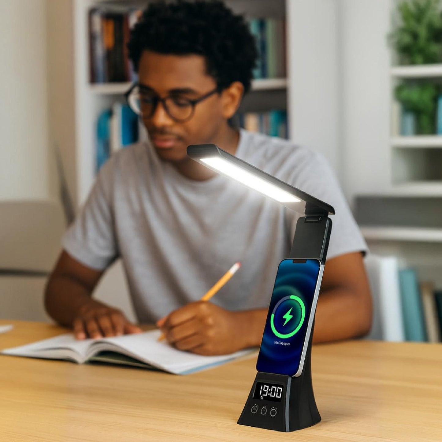 Pursonic 3-in-1 LED Desk Lamp – 15W Qi Wireless Charger + Digital Clock & Alarm