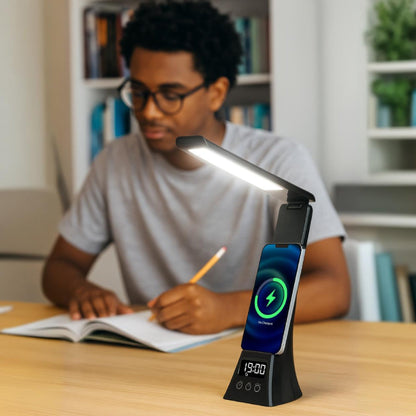 Pursonic 3-in-1 LED Desk Lamp – 15W Qi Wireless Charger + Digital Clock & Alarm