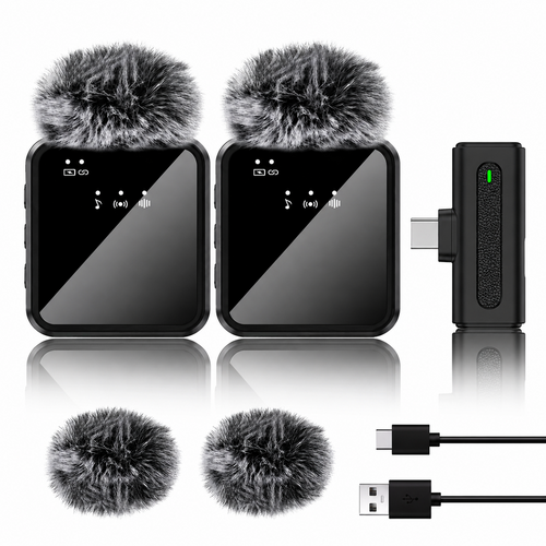 Dual Wireless Lavalier Microphone Kit for iPhone, Android & Camera